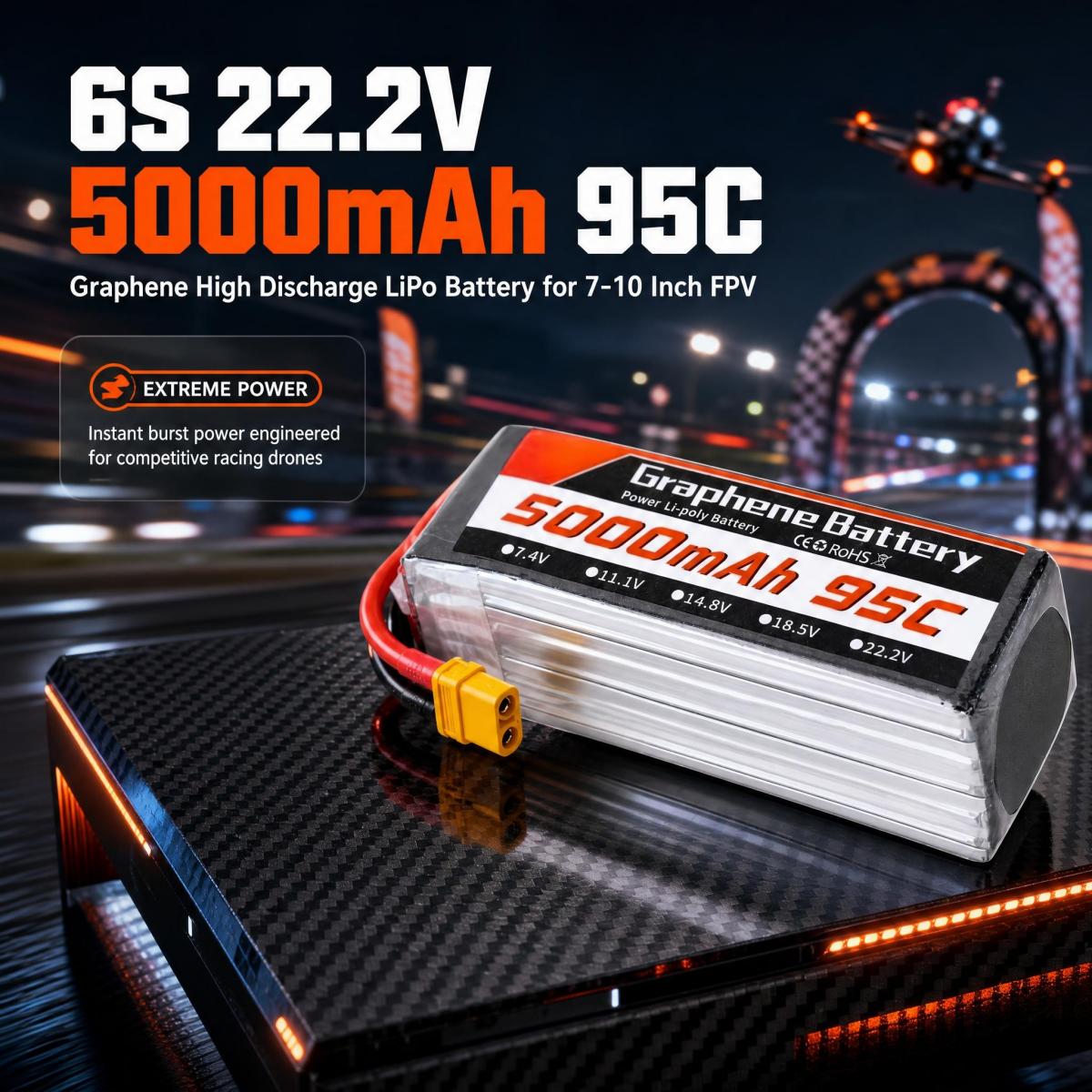 6S Lipo Battery 22.2V 5000Mah - แบตเตอรี่ LiPo กราฟีนสำหรับโดรนแข่ง FPV ขนาด 7