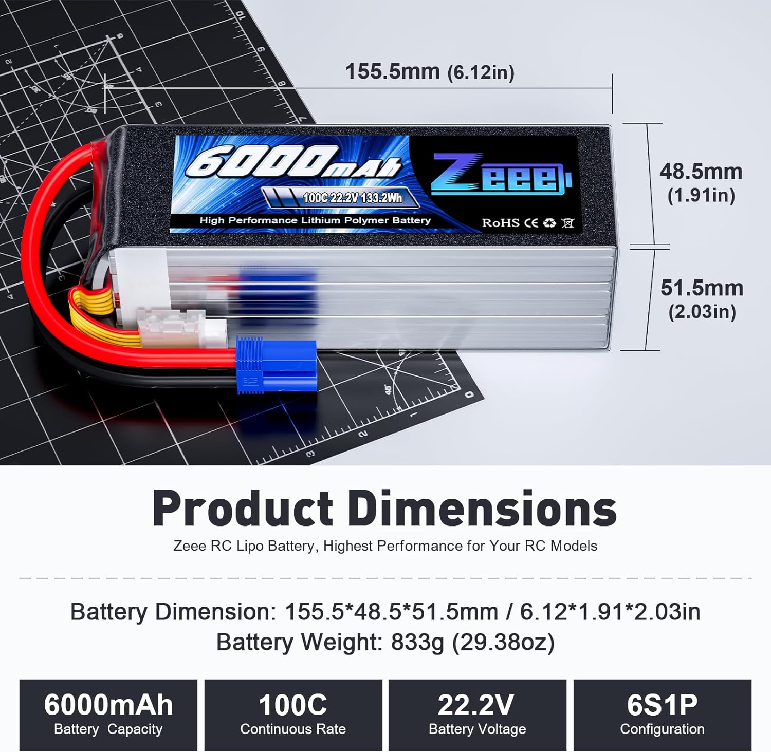 Zeee 6S 6000mAh แบตเตอรี่ Lipo - 6S Lipo Battery 22.2V 5000Mah บทวิจารณ์และราคา